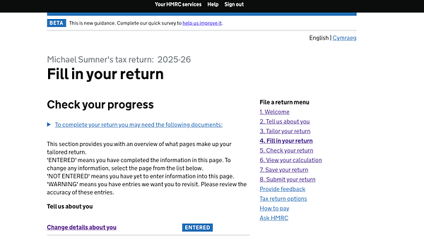 A detailed handwritten flowchart on a whiteboard illustrating steps related to HMRC self-assessment.