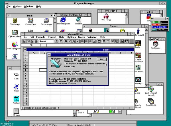 The image displays a vintage Windows Program Manager interface with Microsoft Excel 4.0 open.