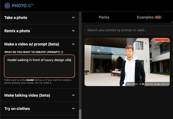 The image displays a user interface for a photo AI application with a prompt for creating a video featuring a model.