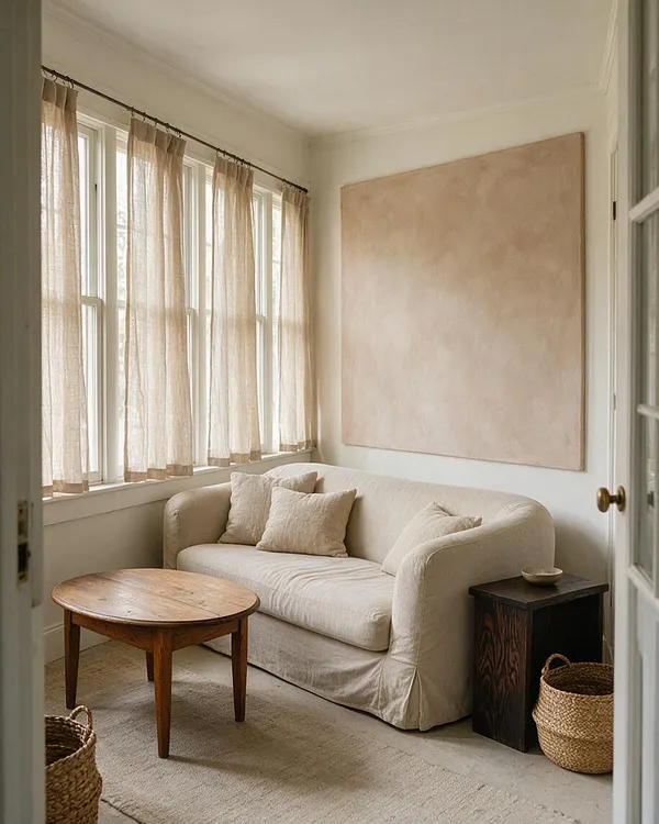 A serene sunroom with tall windows dressed in sheer beige curtains, a cream slipcovered sofa with neutral pillows, and a round wood coffee table. A large blush-toned artwork hangs on the wall, while a dark wood side table and woven baskets add organic texture.