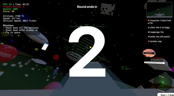 The image displays a gaming interface showing a countdown and various gameplay statistics in a flight simulation environment.