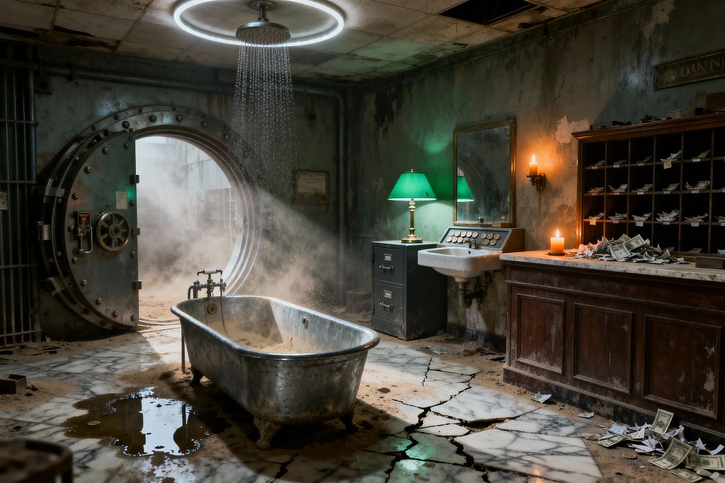 An abandoned bank vault transformed into a bathroom features a claw-foot galvanized tub under a ceiling-mounted rain shower encircled by a glowing halo. Cracked white marble floors with puddles, peeling teal-green walls, a heavy steel vault door, a porcelain wall-mounted sink with vintage controls, and a dark wood counter with pigeonhole cubbies strewn with paper money are lit by candles, an emerald banker’s lamp, and dusty daylight filtering through steam.