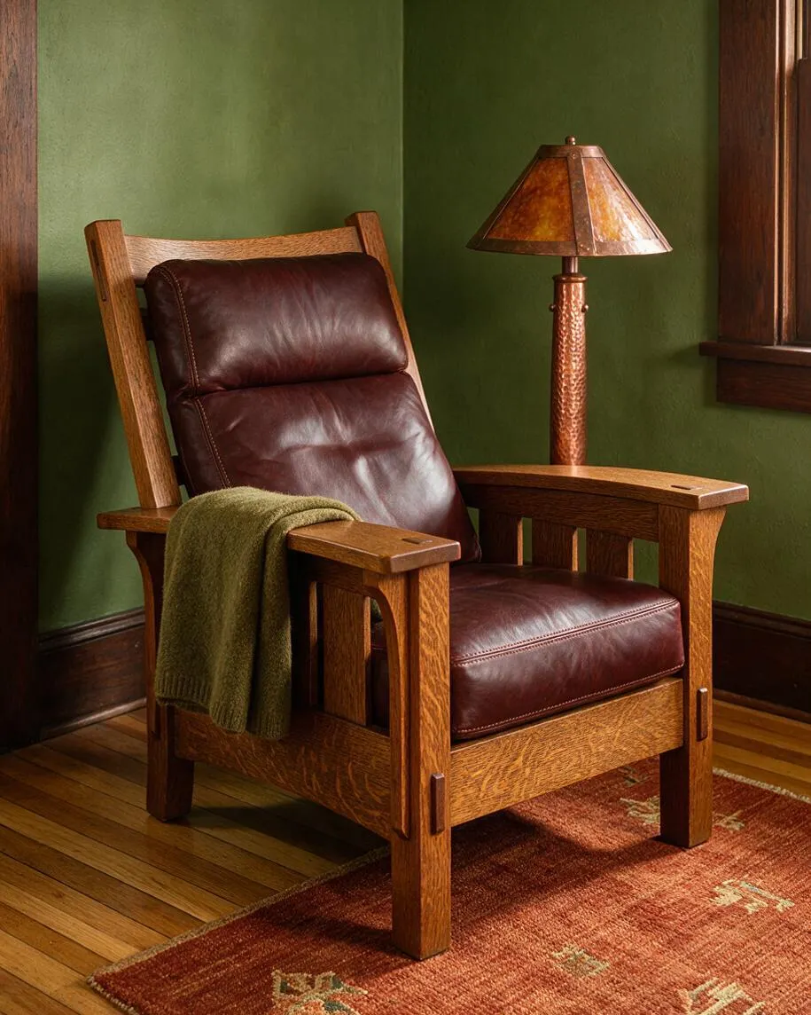 A Craftsman-style reading nook features a sturdy oak armchair with dark brown leather cushions, a green throw draped over one arm, and a copper-toned table lamp beside it. The room has olive green walls, dark wood trim, a honey-toned hardwood floor, and a muted red area rug.