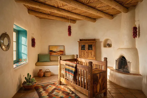 A Southwestern-style nursery with a carved wooden crib centered on terracotta tile floors, adobe-plaster walls, and exposed wood ceiling beams. The room includes a built-in window seat with cushions, a kiva-style fireplace, colorful woven rug, potted cacti, and warm natural light.