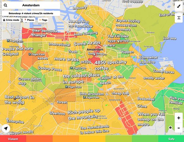 Map highlighting violent crime rates in European cities with a focus on Amsterdam using colored dots and demographic details.