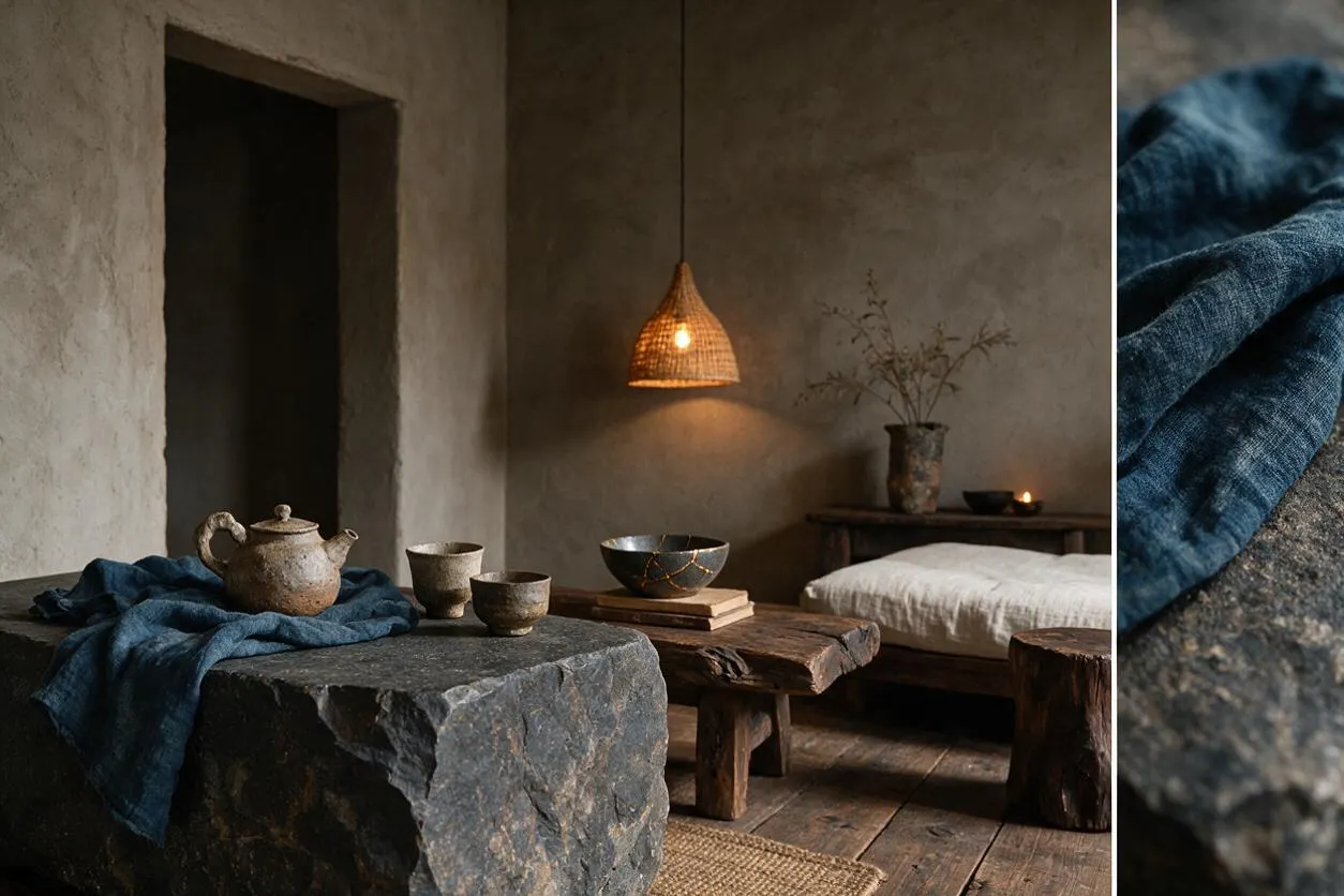 A muted Wabi-Sabi interior with rough plaster walls, a dark stone block used as a low table, a rustic wooden bench, and a woven pendant lamp casting a warm glow. Indigo textiles, handmade ceramics, and a simple bed with white bedding add a calm, tactile atmosphere.