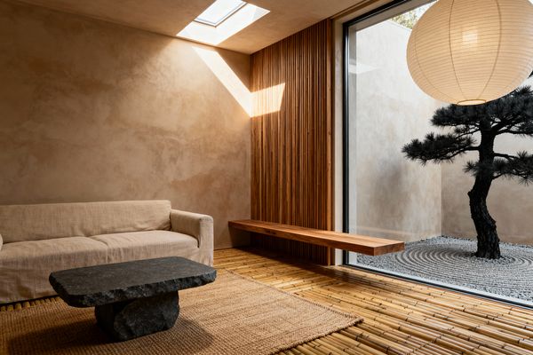 Minimalist living room with a low beige linen sofa and a rough black stone coffee table on a jute rug over bamboo flooring. Warm lime-plaster walls, a vertical slatted wood accent with a cantilevered timber bench, and a large window reveal a small raked-gravel courtyard with a sculptural pine tree; a round paper lantern hangs overhead while a skylight casts angled daylight across the space.