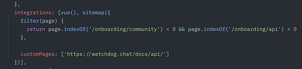 The image displays a code snippet related to sitemap generation in a Vue.js application.