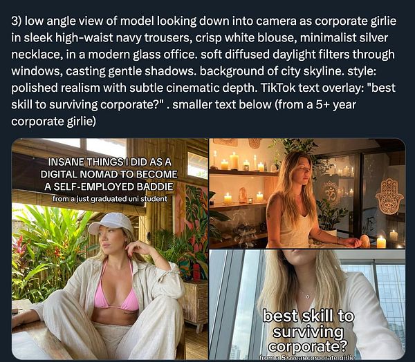 A low-angle view of a model in a modern office setting, styled as a corporate professional.