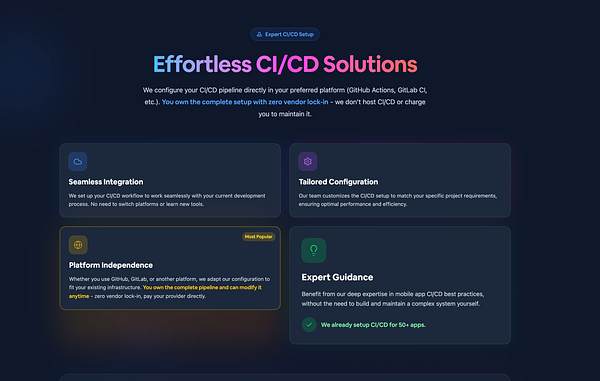 The image presents a visually appealing section promoting CI/CD solutions with various features highlighted.