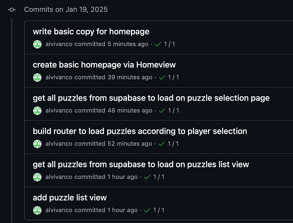 A list of recent commits made to a coding project on January 19, 2025.