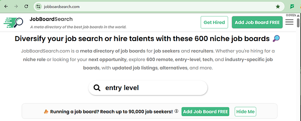 The image displays a webpage for JobBoardSearch, highlighting a directory of job boards.
