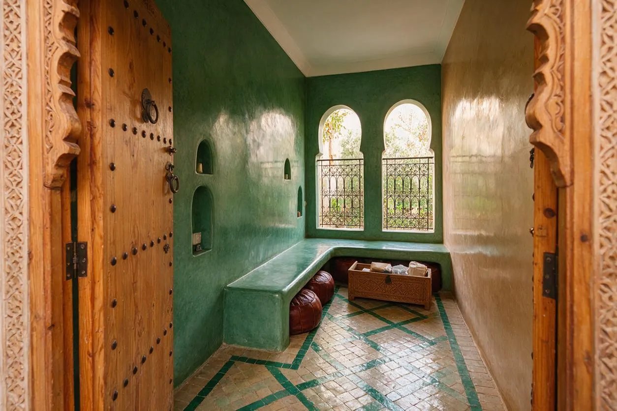 A narrow Moroccan-style front porch with carved wooden doors opening into a green stucco alcove. The space features arched windows with decorative iron grilles, a built-in plaster bench, patterned tile flooring, leather poufs, and a carved wooden chest, all lit by soft natural light.