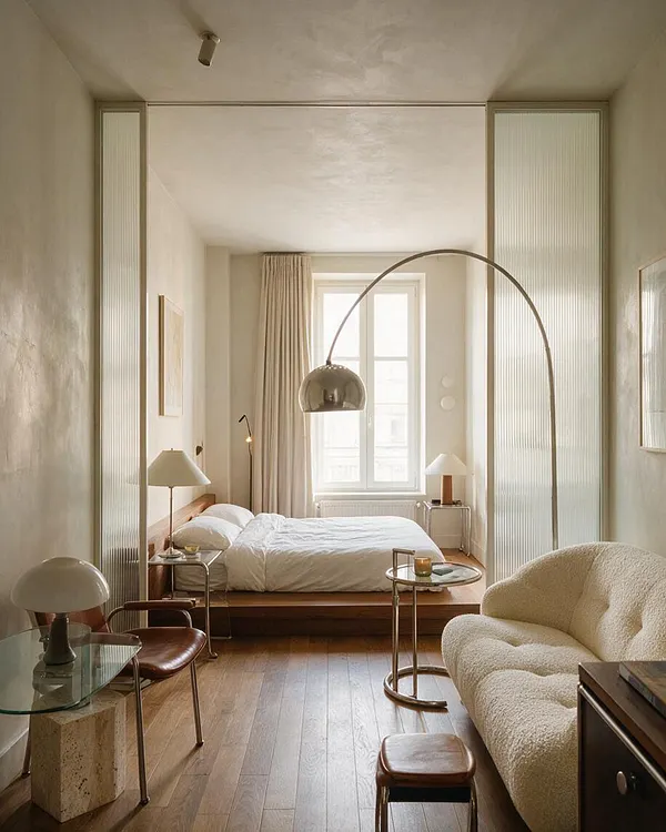 A narrow modern studio apartment with a raised bed at the far end, framed by translucent sliding panels. The room features warm wood floors, cream walls, a large arched floor lamp over a small round table, a plush ivory sofa, and simple white bedding lit by daylight from a central window.