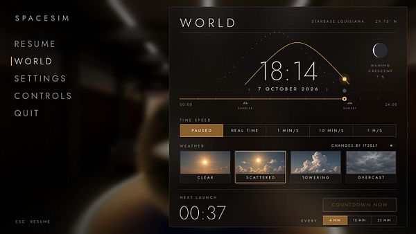 User interface menu screen from a PC space simulation game showing world settings and time control options.