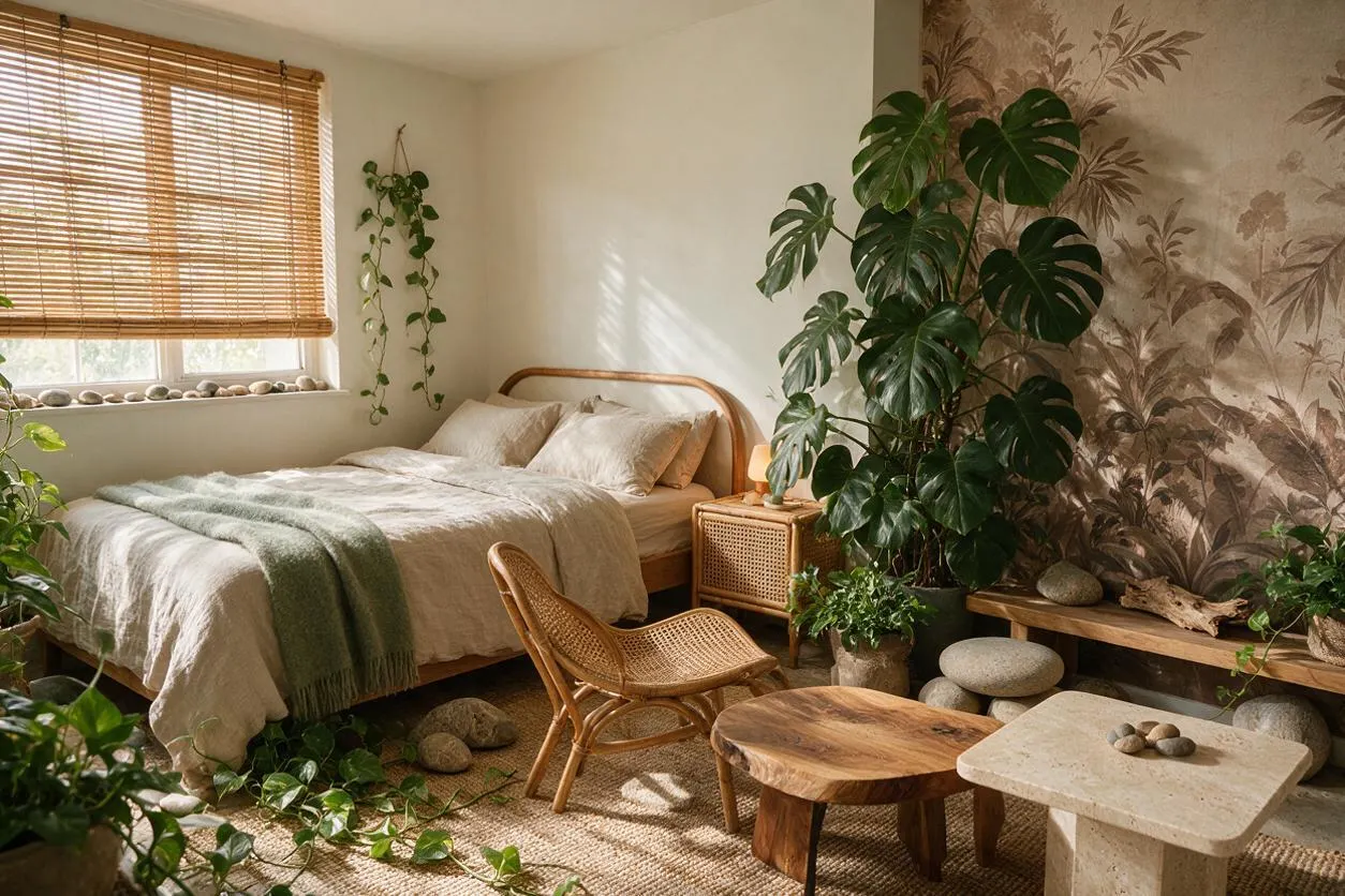 A warm guest bedroom with a low wood-framed bed dressed in beige linen bedding and a sage throw, surrounded by abundant houseplants. The room includes a rattan chair, woven window blinds, a cane nightstand, natural wood and stone side tables, and botanical wallpaper, all lit by soft daylight.