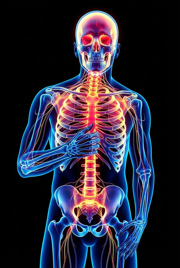 A detailed anatomical illustration of a human skeleton with highlighted internal structures.