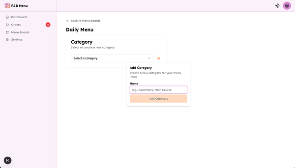 The interface displays a menu management tool where users can add or select categories for a daily menu.