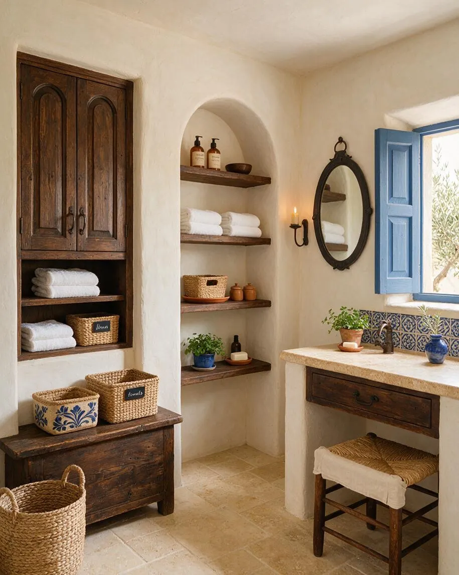 A Mediterranean-style master bathroom with white plaster walls, arched built-in shelves, and rustic dark wood cabinetry. A blue-shuttered window, patterned tile backsplash, woven baskets, and an oval mirror create a warm, sunlit, coastal feel.
