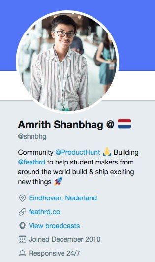 A Twitter profile of Amrith Shanbhag featuring a professional photo and bio details.