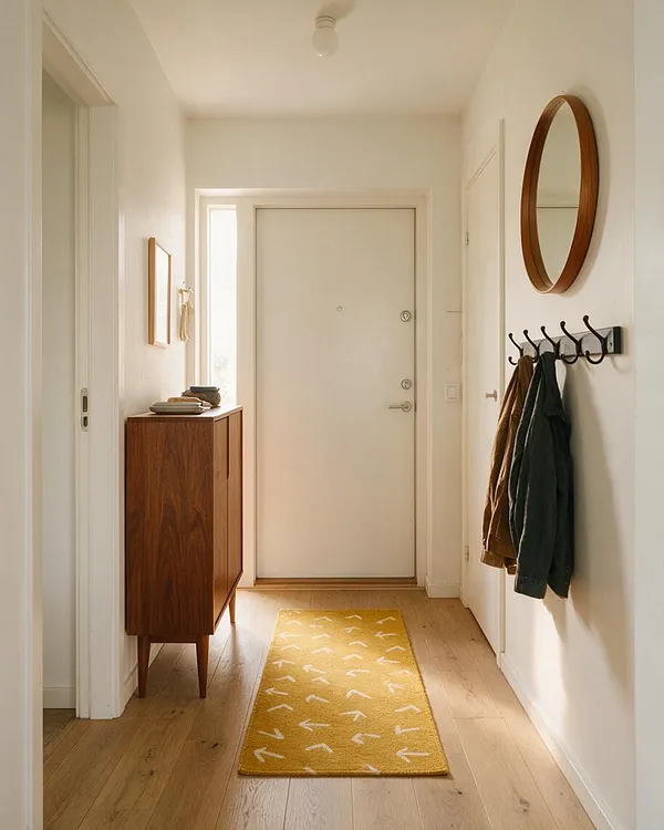 A narrow mid-century modern entryway with white walls, a light wood floor, and a white front door at the end. A walnut side cabinet stands on the left, while a round wood-framed mirror and black wall hooks with hanging coats add function on the right. A mustard-yellow runner with white arrow-like pattern centers the space.