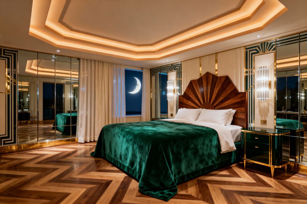 A glamorous Art Deco bedroom centers on a sunburst wood headboard and an emerald velvet bedspread. Green lacquer nightstands with brass edging flank the bed beneath ribbed glass sconces. Mirrored wardrobe doors and geometric panels with brass trim reflect a layered tray ceiling washed in warm cove lighting. A chevron parquet floor grounds the space, while ivory wall panels and sheer curtains frame a window with a crescent moon outside.
