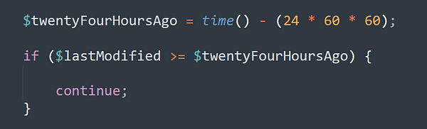 The image displays a snippet of PHP code related to a time-checking function.
