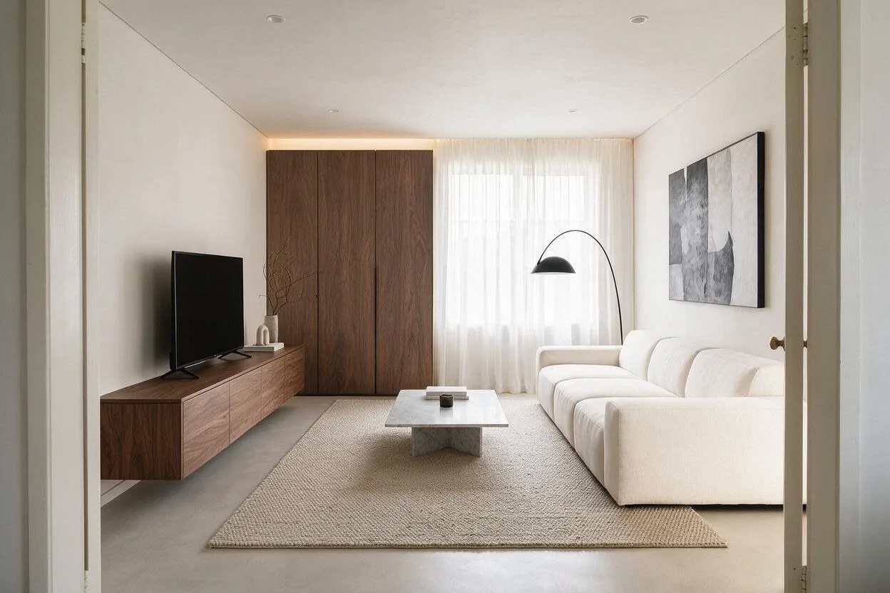 The same Minimalist living room in the Greige palette: greige, bone, walnut, taupe, and charcoal