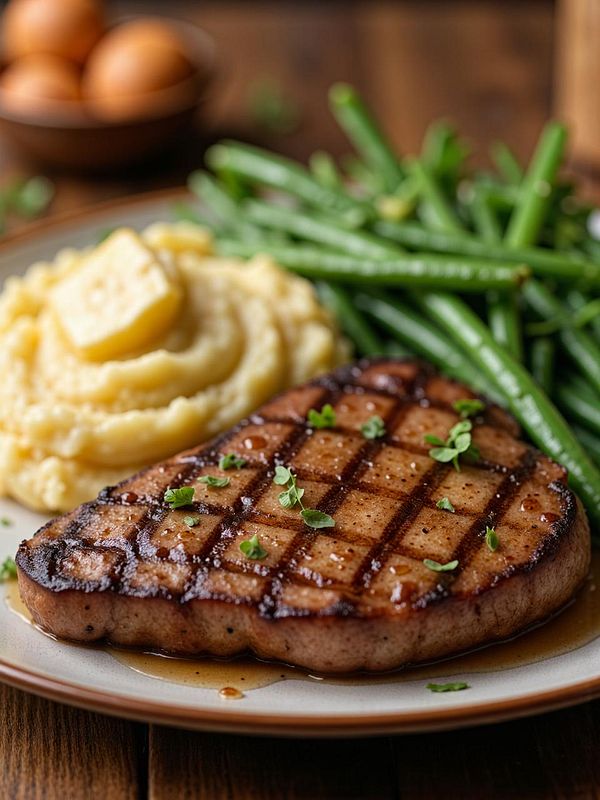 A beautifully arranged plate featuring grilled pork chop, mashed potatoes, and green beans.