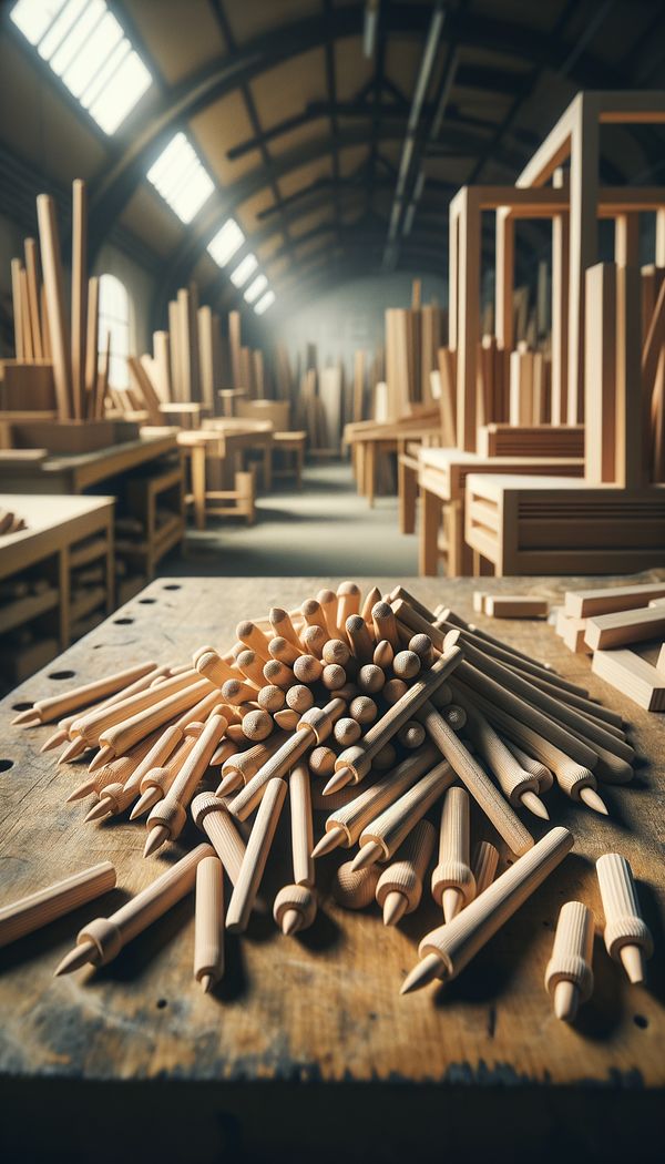 Several wooden dowels of various sizes laid out on a workbench, with furniture pieces under construction in the background.