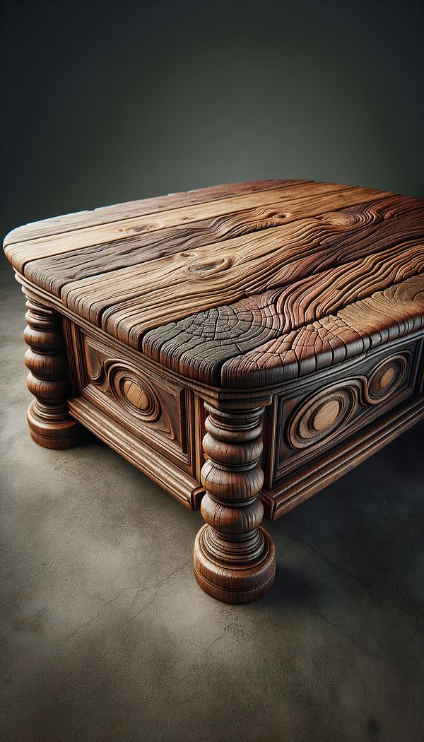a rustic wooden table with an antique finish, showing signs of wear and a rich, textured surface