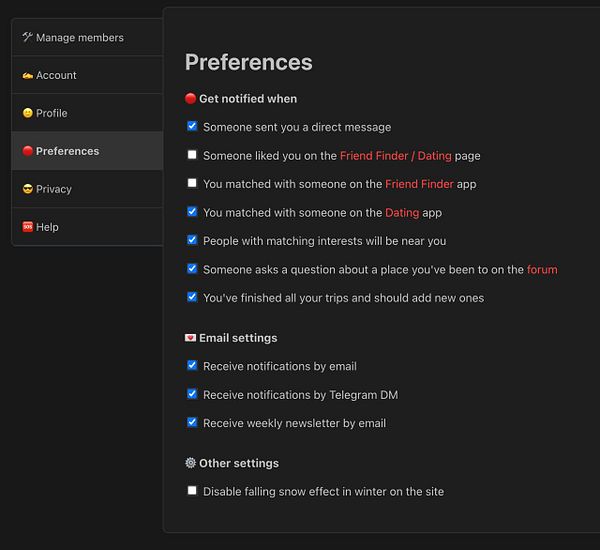 Web interface screenshot showing the Nomads weekly newsletter settings with toggle options and input fields for subscription management.