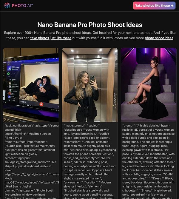 The image displays a webpage featuring photo shoot ideas for the Nano Banana Pro, showcasing various styles and prompts.