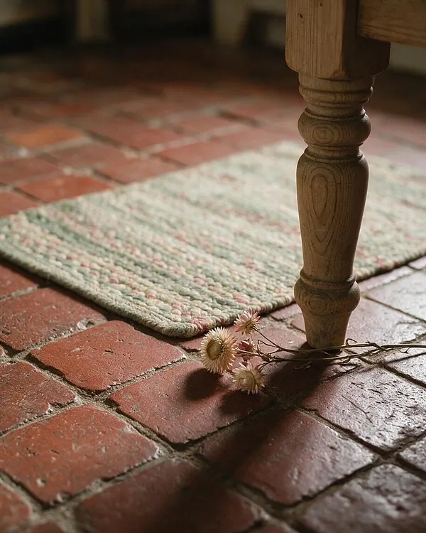 A close-up interior scene shows a red brick floor with a small woven rug in soft muted tones beneath a turned wooden table leg. A few dried flowers rest on the floor beside the leg, creating a warm, rustic cottagecore atmosphere.