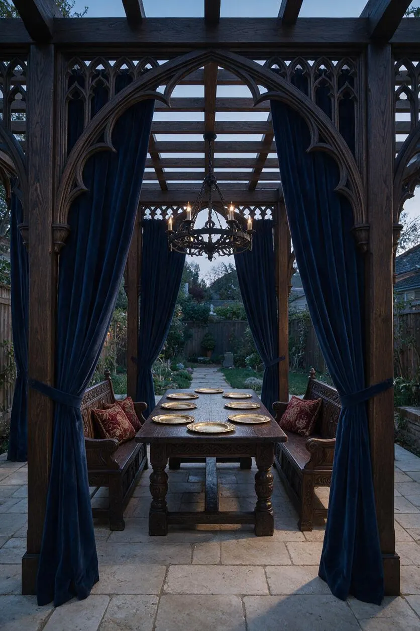 A backyard dining area styled in Gothic architecture with pointed wood arches, dark blue velvet curtains, and an iron chandelier. A long carved wooden table with brass plates sits between matching benches on a stone patio, with a garden path leading into the background.