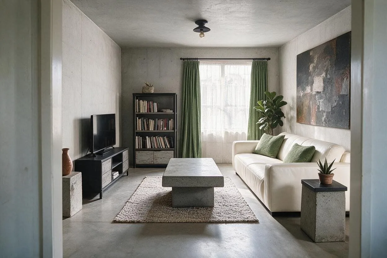 The same Brutalist living room in the Pale Stone palette: pale concrete, off-white, stone, moss green, and charcoal