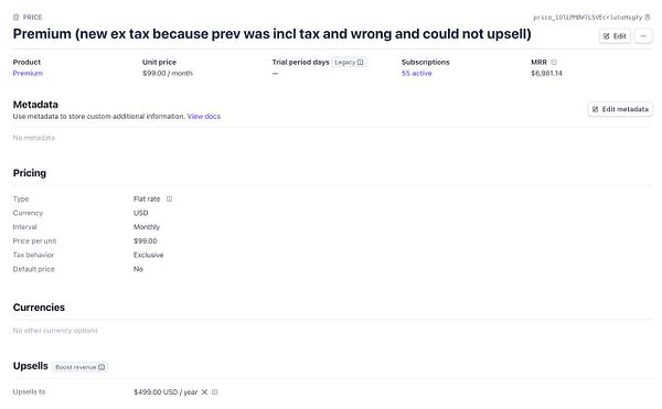 Subscription pricing details for a premium product including unit price, tax behavior, subscriptions, and upsell options.