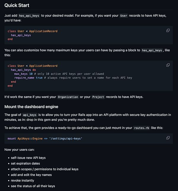 The image displays a code snippet and documentation for implementing API keys in a Rails application.