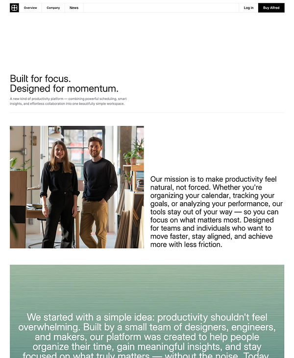 A professional workspace featuring two individuals standing together, promoting a productivity platform.