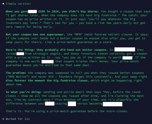 Table of investment notes outlining terms, amounts, and conditions like discounts and valuation caps for various investors.