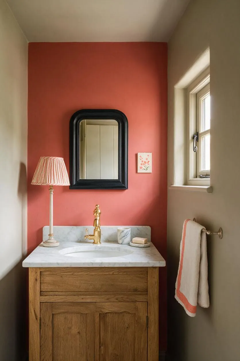 A narrow powder room featuring a coral accent wall behind a white marble vanity with a natural oak cabinet. The space includes a black-framed mirror, brass faucet, striped table lamp, small floral art, beige walls, a window with daylight, and a towel ring with a white towel edged in coral.