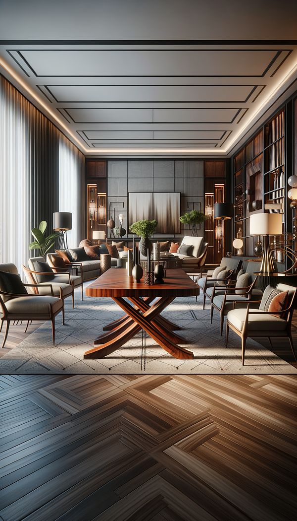an elegantly furnished living room featuring a wood Carlton Table with crossed legs as the centerpiece, surrounded by contemporary seating and decor