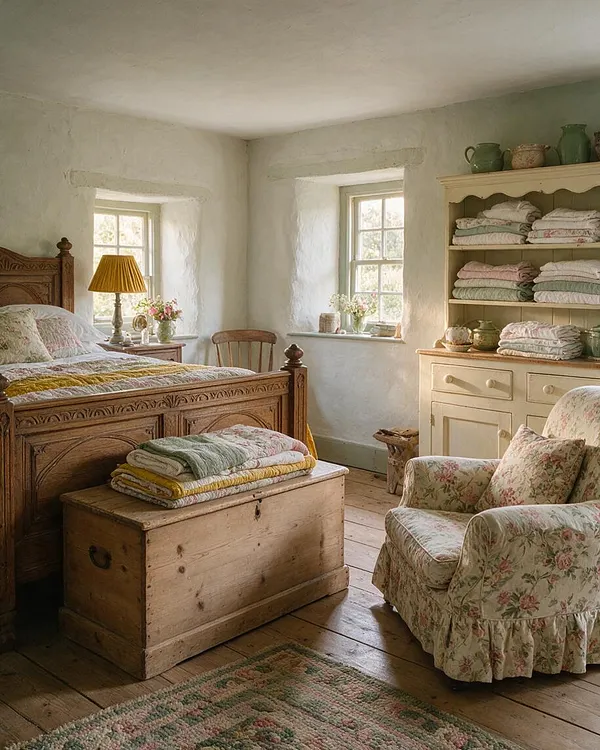 A cozy cottagecore bedroom with a carved wooden bed, floral bedding, and a vintage chest at the foot of the bed. Soft white plaster walls, two small windows, a painted hutch stacked with folded quilts, and a floral upholstered armchair create a warm, nostalgic country atmosphere.