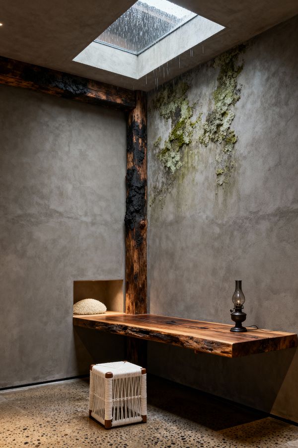 A minimalist home office features a floating live-edge wood desk anchored to a charred timber post below a skylight streaked with rain. Smooth gray plaster walls show a preserved moss patch and a small illuminated niche holding a coral-like object; a cube stool wrapped in white rope sits on exposed-aggregate concrete, and a small glass-and-metal oil lamp rests on the desk, creating a quiet, natural atmosphere with weathered textures and earthy tones.