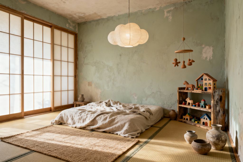 A serene children’s room features tatami floors and a low futon with rumpled linen beside wide shoji screens in light wood. Overhead hangs a cloud-shaped paper lantern and a simple wooden mobile. A weathered wooden shelf holds colorful wooden houses and animals. The sage-green plaster walls show natural wear, while a jute rug and clay pots rest on the floor, all bathed in soft, diffused daylight.