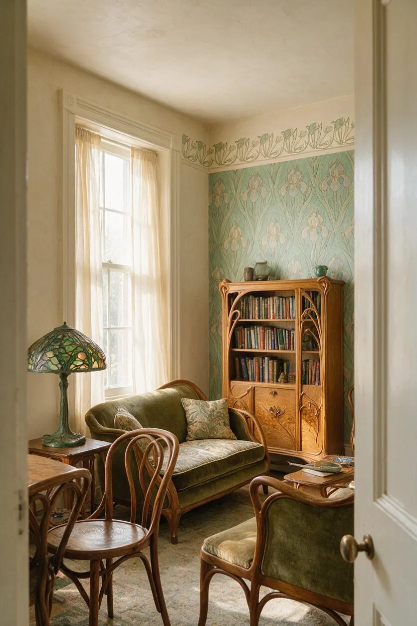 A cozy Art Nouveau living room with curved wooden furniture, green velvet seating, a stained-glass table lamp, and a tall bookcase filled with books. Pale floral wallpaper and a sunlit window with sheer curtains create a warm, elegant atmosphere.