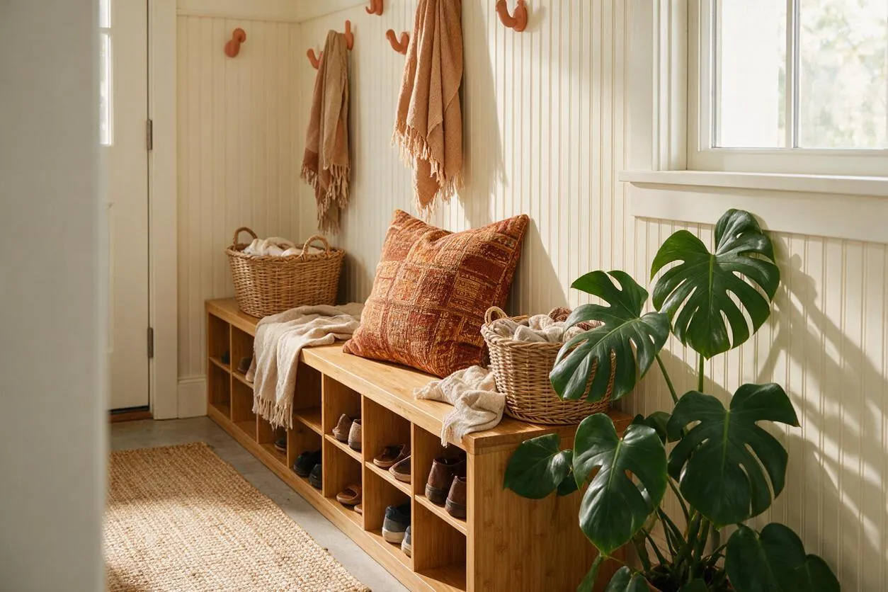 A sunlit entryway styled in bohemian decor, with a long wooden shoe bench and open cubbies holding shoes. Woven baskets, textured blankets, and terracotta-toned wall hooks hang on cream beadboard walls beside a large leafy potted plant and a natural jute rug.