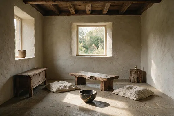 A serene sunroom with textured plaster walls, a dark exposed wood ceiling, and two small square windows bringing in soft daylight and garden views. The room contains a low live-edge wooden bench, a small rustic cabinet, floor cushions, a stone or ceramic bowl, and a stump side table, creating an earthy minimalist atmosphere.