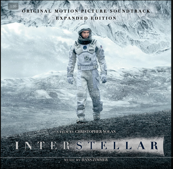 The image features the cover art for the 'Interstellar' soundtrack, showcasing an astronaut on a desolate landscape.