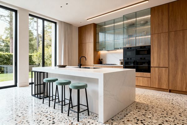 A bright contemporary kitchen with a large white waterfall island, matte black faucet, and three sage-green upholstered stools on speckled terrazzo flooring. Warm oak tall cabinets integrate black wall ovens, while a ribbed glass upper cabinet and white veined stone backsplash glow with under-cabinet lighting; floor-to-ceiling black-framed sliding doors open to a green garden, and a slim ceiling light and soft drapery complete the minimalist look.